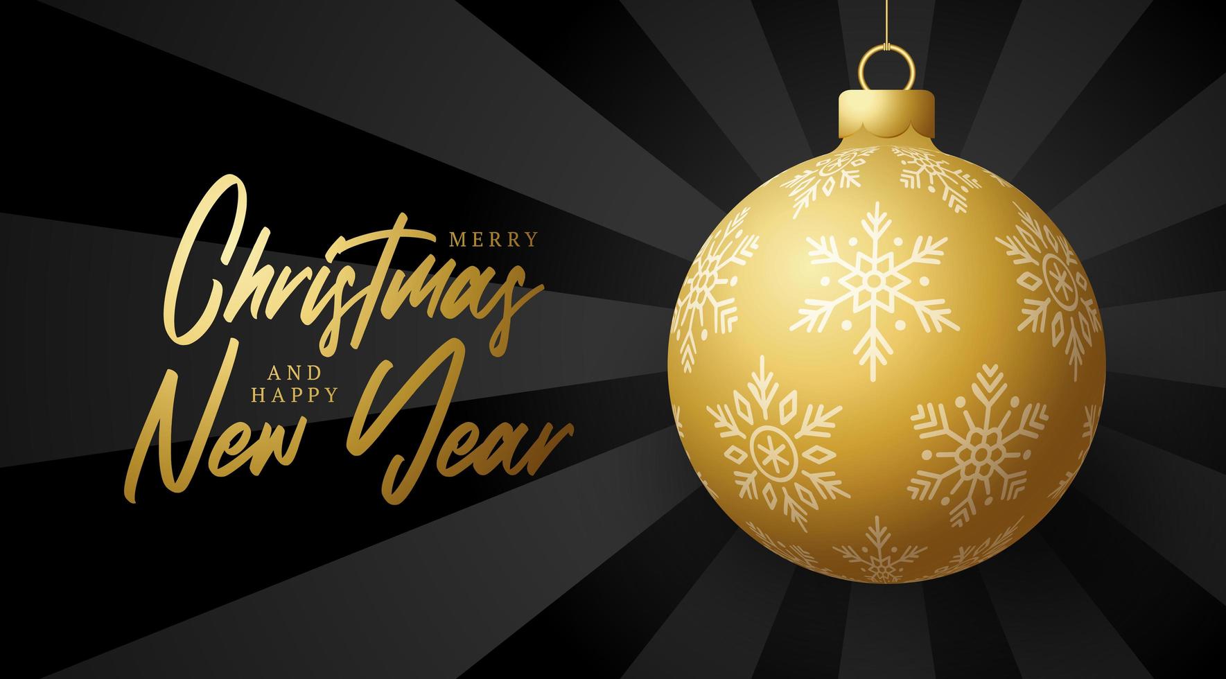 Merry Christmas and happy new year banner. Vector illustration card with golden Christmas tree ball on luxury sunrise light background with modern lettering