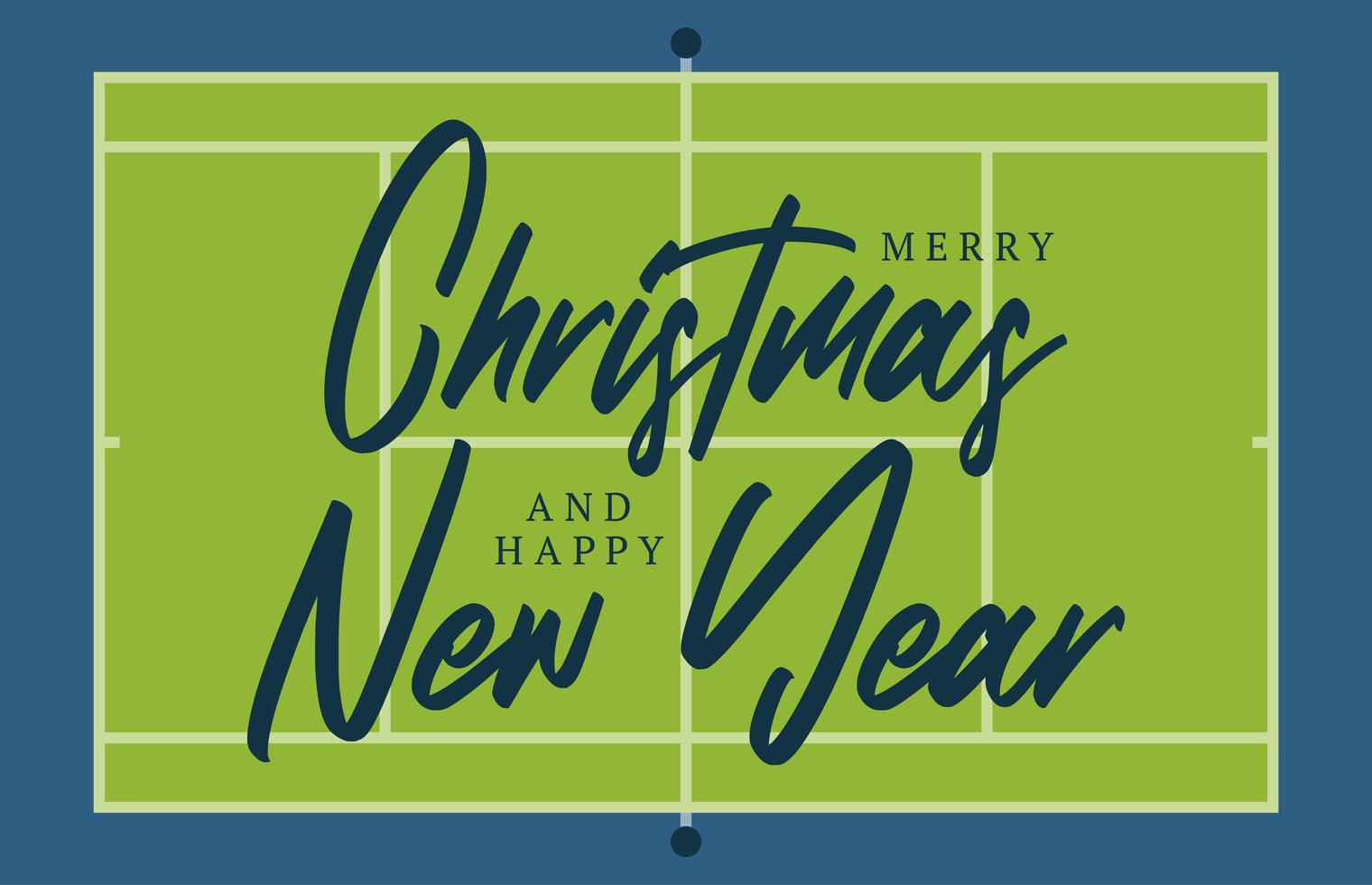 Tarjeta de felicitación de campo de cancha de tenis de Navidad y año nuevo con letras. Fondo de campo de tenis creativo para la celebración de Navidad y año nuevo. tarjeta de felicitación deportiva vector