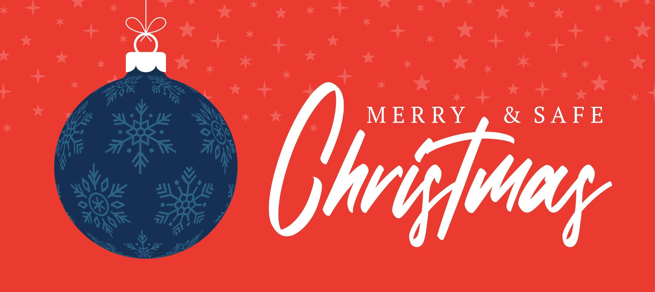 Merry and safe christmas banner. Vector illustration with Christmas tree ball and lettering text. Holidays due coronavirus