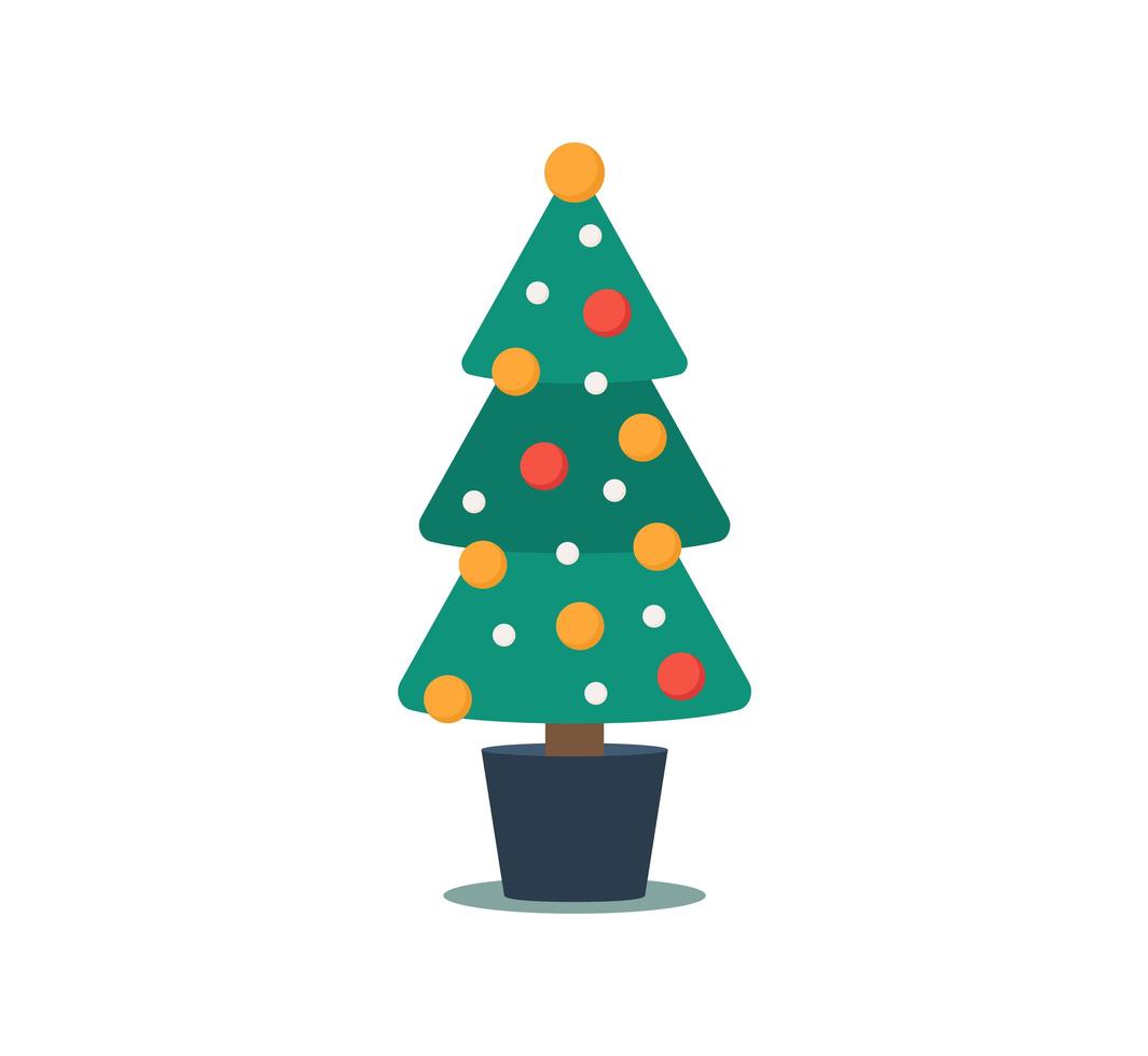 Christmas tree in a pot. Decorated with a fairy lights and a star isolated on a white background flat vector illustration