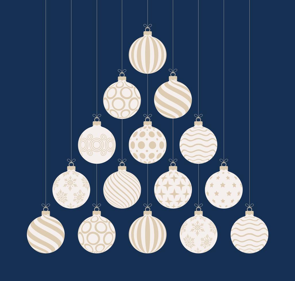 Tarjeta de dibujos animados plana de felicitación de Navidad y año nuevo. Árbol de Navidad creativo hecho bolas de adorno de oro y blanco sobre fondo azul para la celebración de Navidad y año nuevo. vector