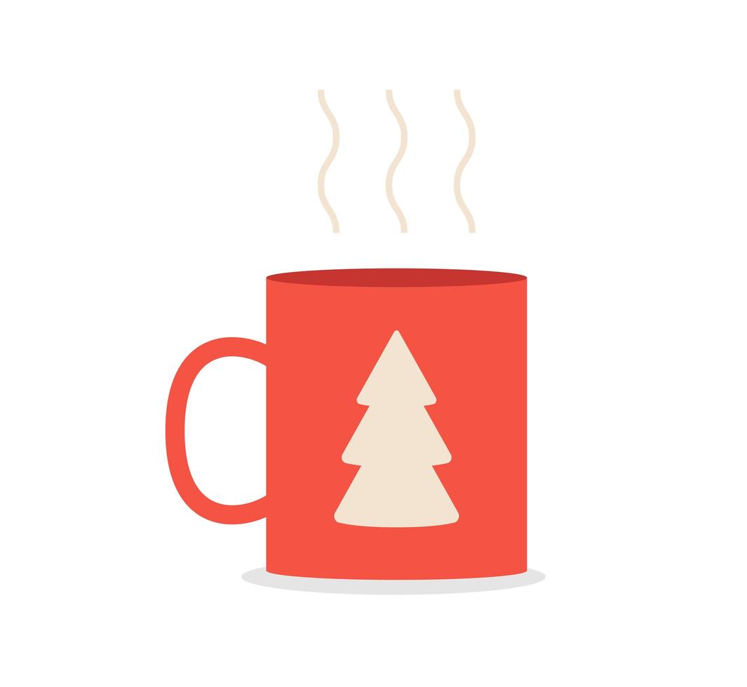 Red Coffee or tea mug with spruce isolated on white background. Merry Christmas or New Year Vector illustration.