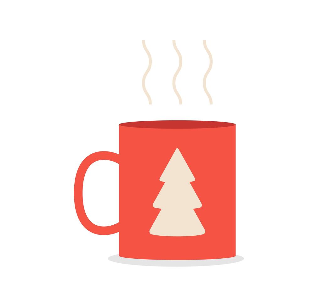 Red Coffee or tea mug with spruce isolated on white background. Merry Christmas or New Year Vector illustration.