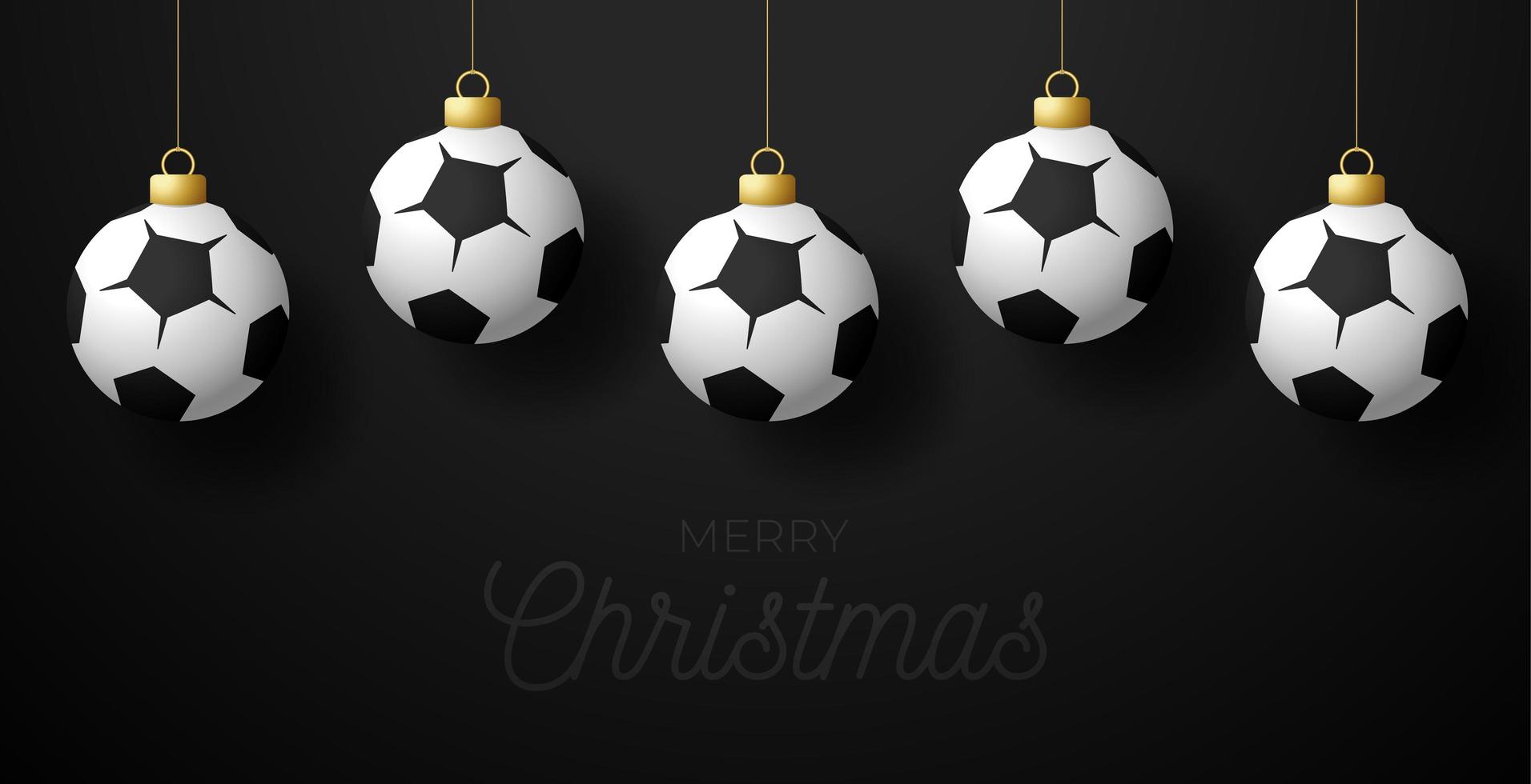 Merry Christmas Football greeting card. Hang on a thread Soccer ball as a Christmas ball on black horizontal background. Sport Vector illustration.