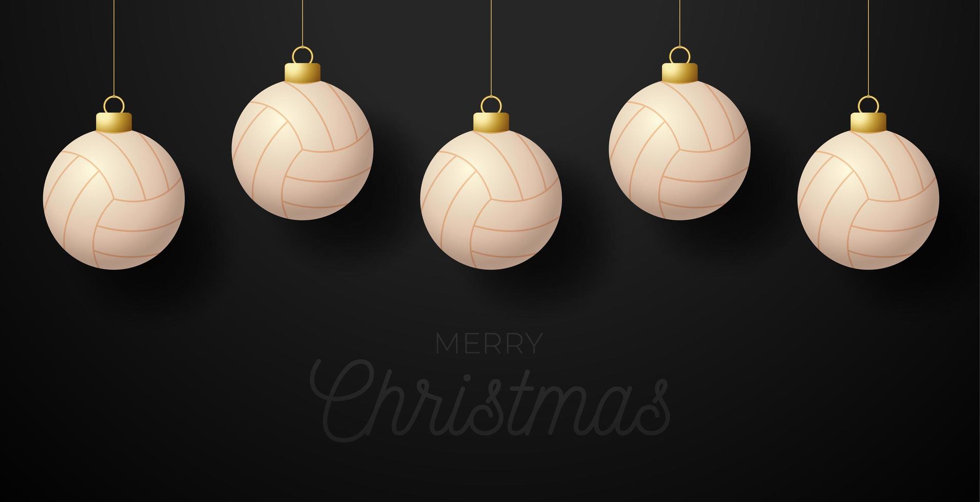 Merry Christmas volleyball greeting card. Hang on a thread volleyball ball as a Christmas ball on black horizontal background. Sport Vector illustration.