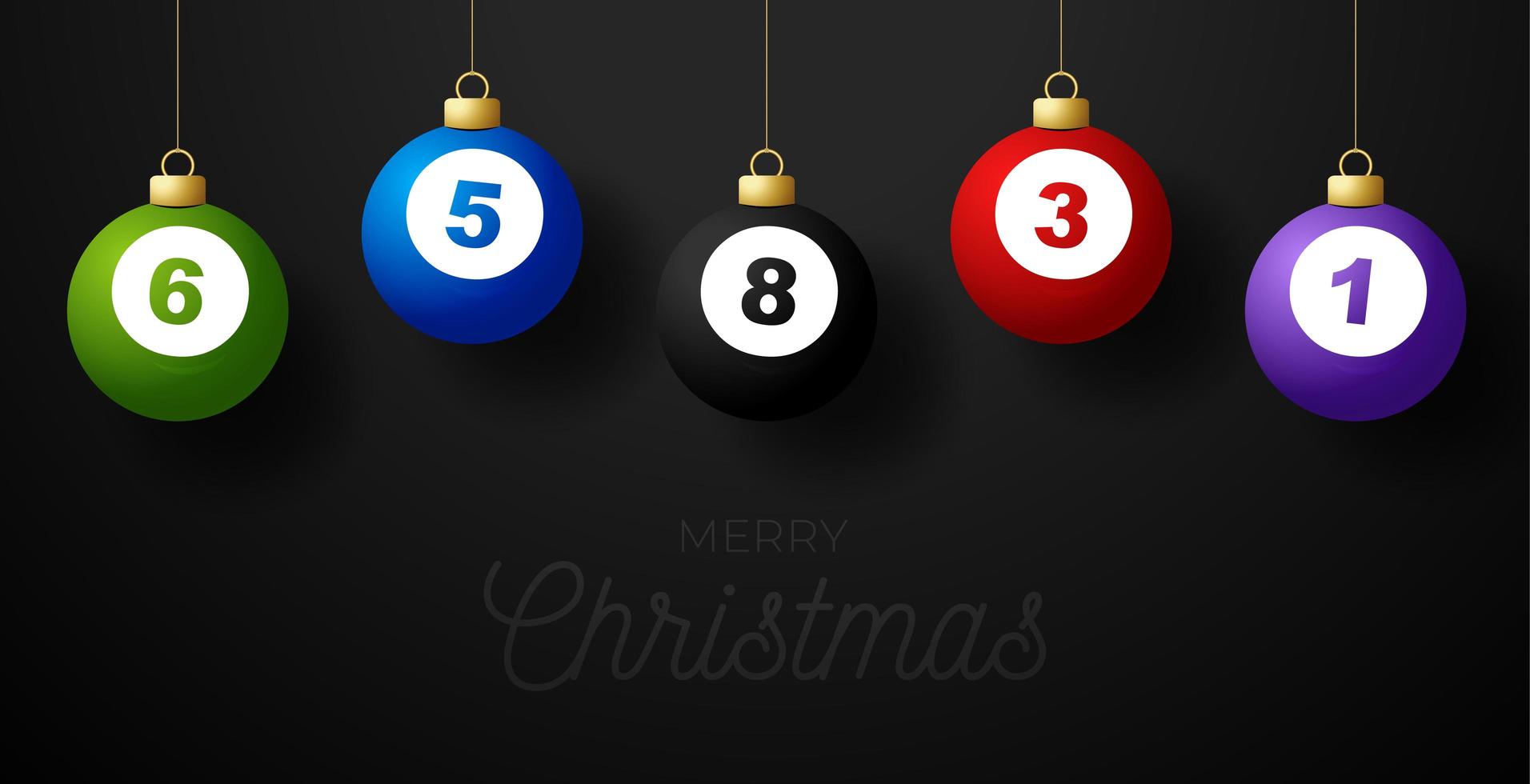 Merry Christmas billiard greeting card. Hang on a thread billiard ball as a Christmas ball on black horizontal background. Sport Vector illustration.
