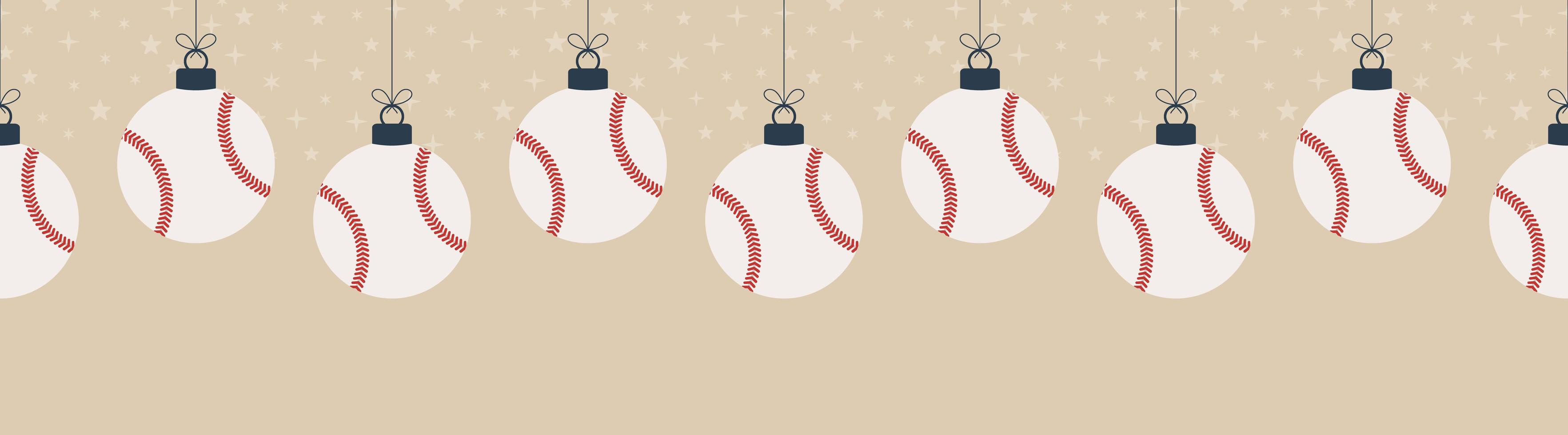Merry Christmas baseball seamless horizontal pattern. Hang on a thread flat cartoon baseball ball as a Christmas ball on gold horizontal background. Sport Vector illustration.