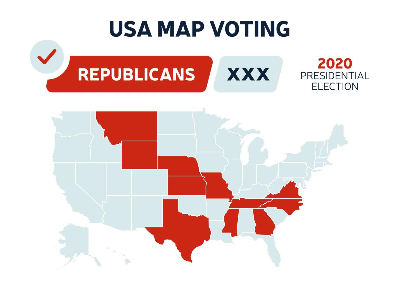 USA Presidential Republicans election results map. USA map voting. Presidential election map each state American electoral votes showing republicans or democrats political vector infographic