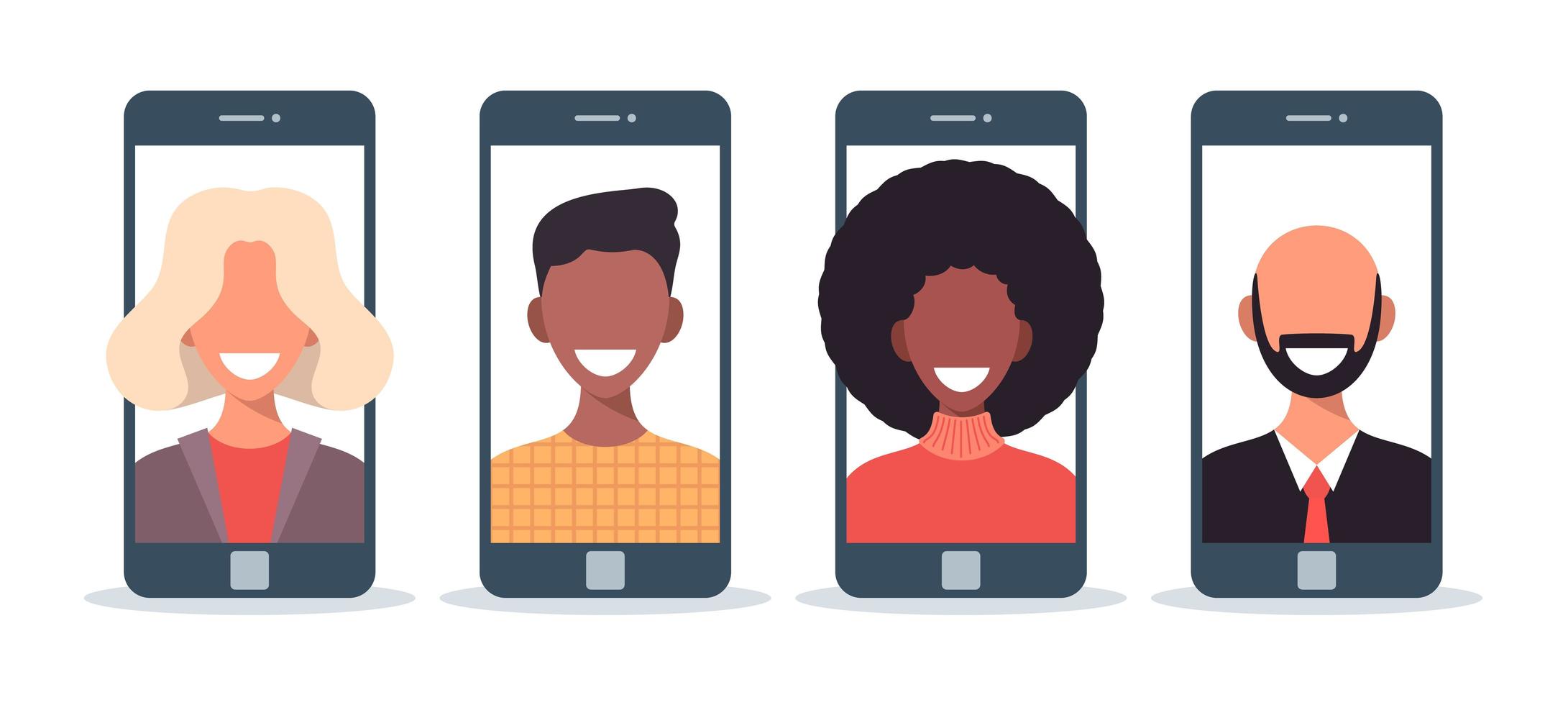 Friends chatting online flat vector illustration. Relatives using smartphones, cellphones for video conferencing, making calls. Boys, girls on phone screen, display. Mobile communication app