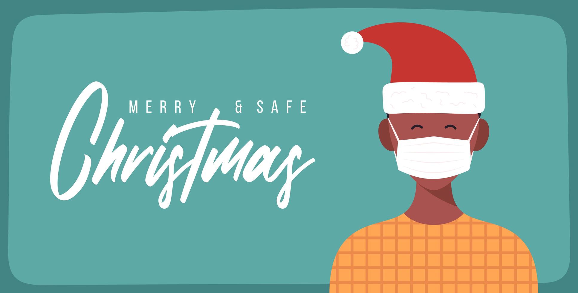 Merry and safe Christmas. African Man in Santa Claus hat wearing protective face mask against coronavirus. Christmas during pandemic. Holiday greeting card Xmas celebration. Flat Vector illustration.