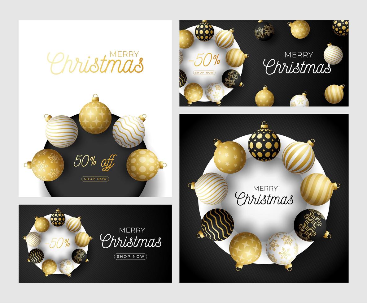 Set of Luxury Christmas and New Year square greeting card with tree balls on circle. Christmas card with ornate black, gold and white realistic balls on black modern background. Vector illustration.