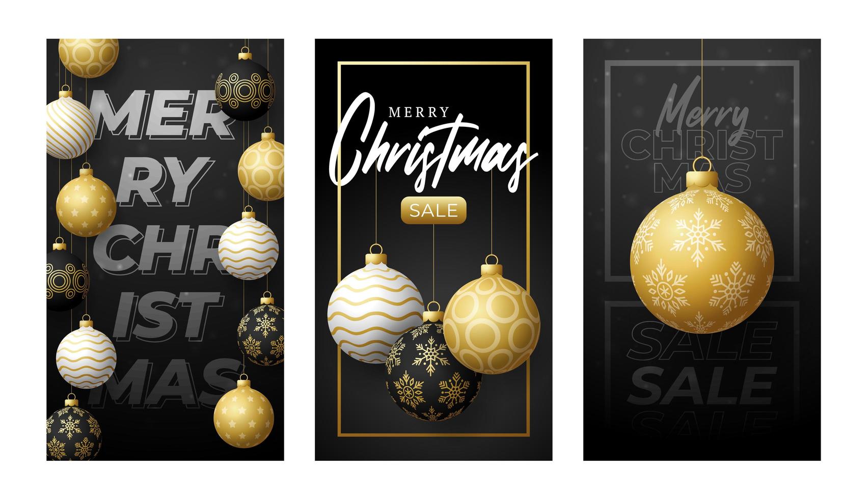 banner vertical de feliz navidad para historias. Conjunto de vector dorado de publicaciones de historias de redes sociales de tema navideño, plantilla de marco de portada de banner de bola de adorno de oro y negro realista 3d