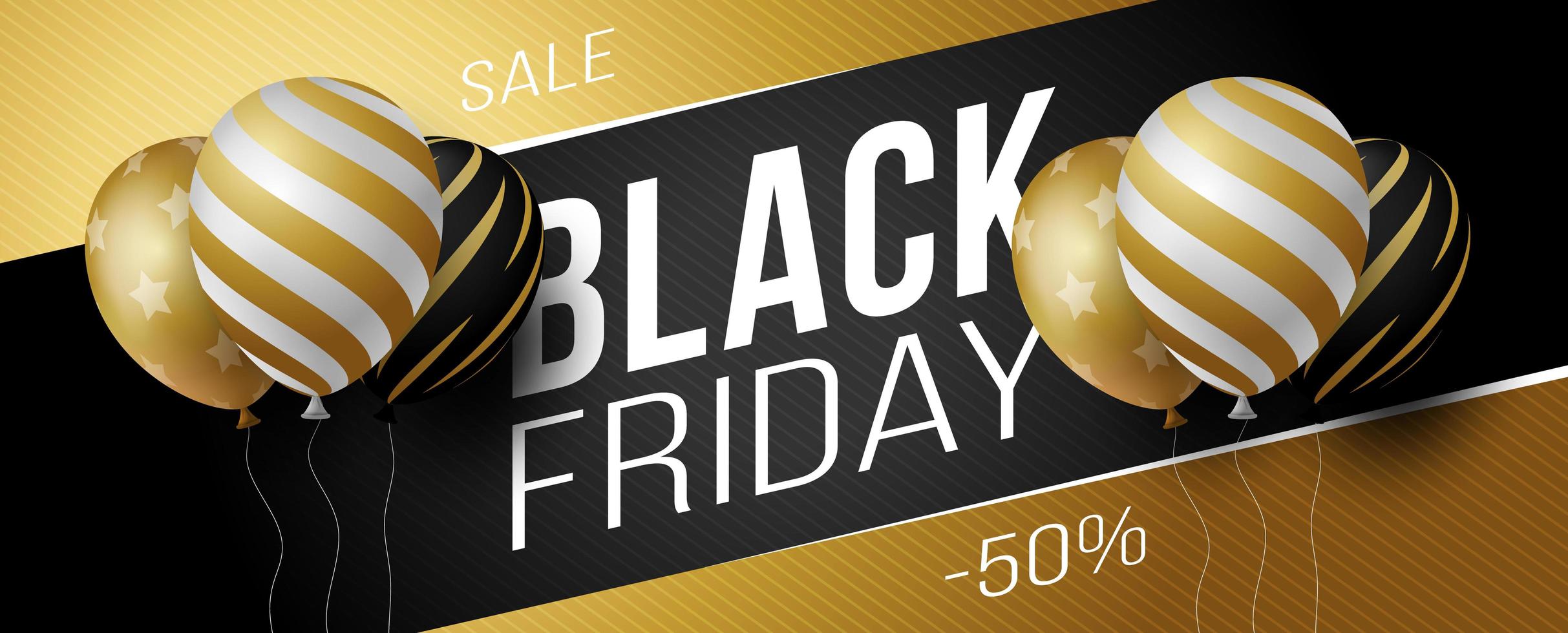 Black Friday Sale Horizontal Banner With Black, White and Gold Shiny Balloons on Black and Golden Background With Place for Text. Vector Illustration.