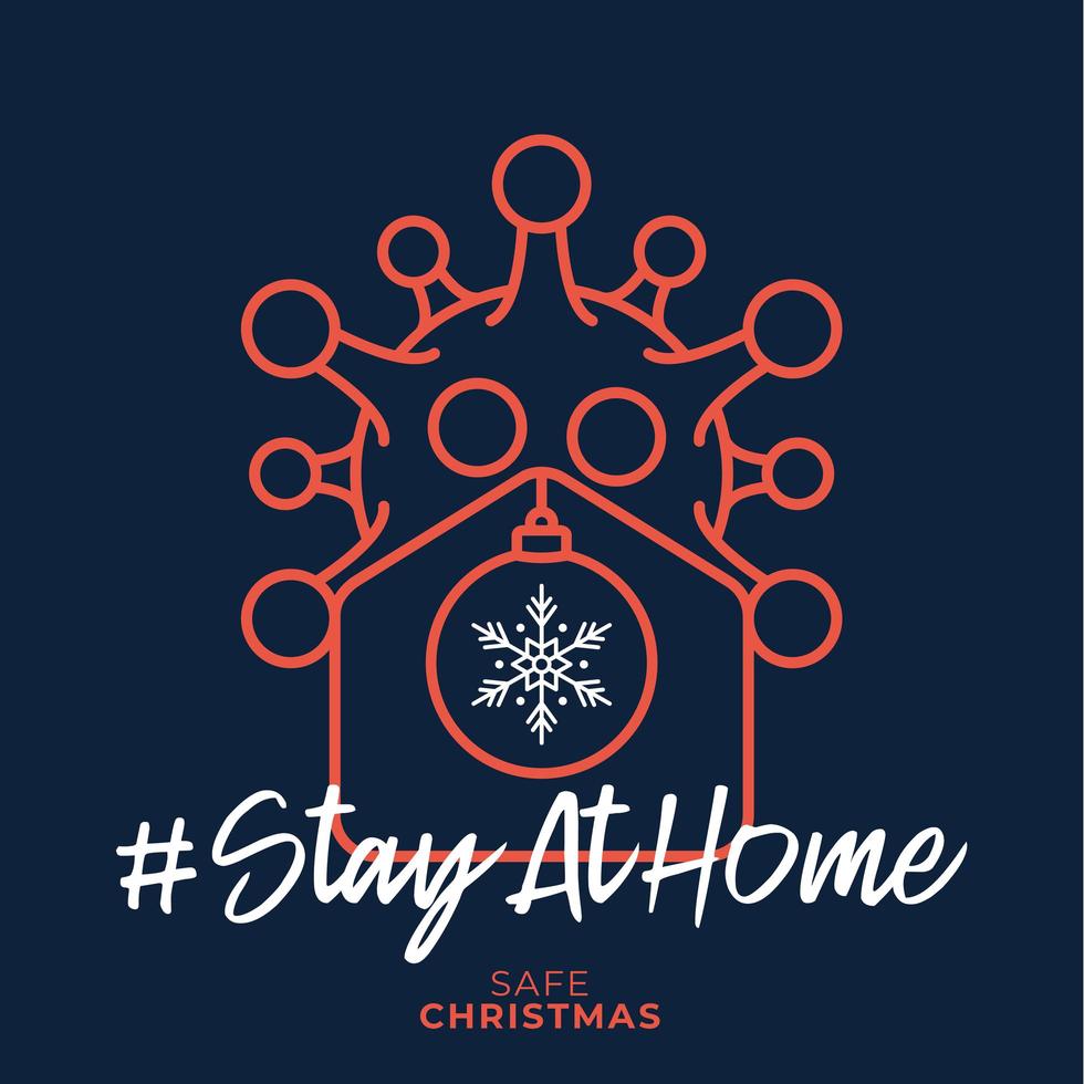 Merry Home Safe Christmas 2020. Coronavirus Christmas Card With Vector Home and Ball Icon. Staying at Home Badge in Quarantine. Covid-19 Reaction.