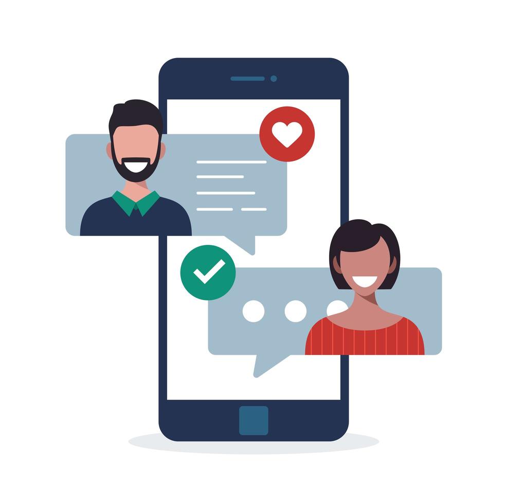 Online dating app concept with man and woman. Multicultural relationship flat vector illustration with woman and man chatting on phone screen.