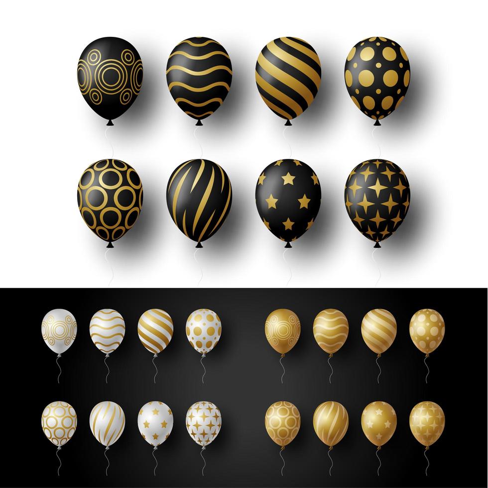 conjunto de globos aislado sobre fondo blanco y negro. Vector realista de oro, oro, plata y negro plantilla de globos de helio 3d festivos para aniversario, diseño de fiesta de cumpleaños.