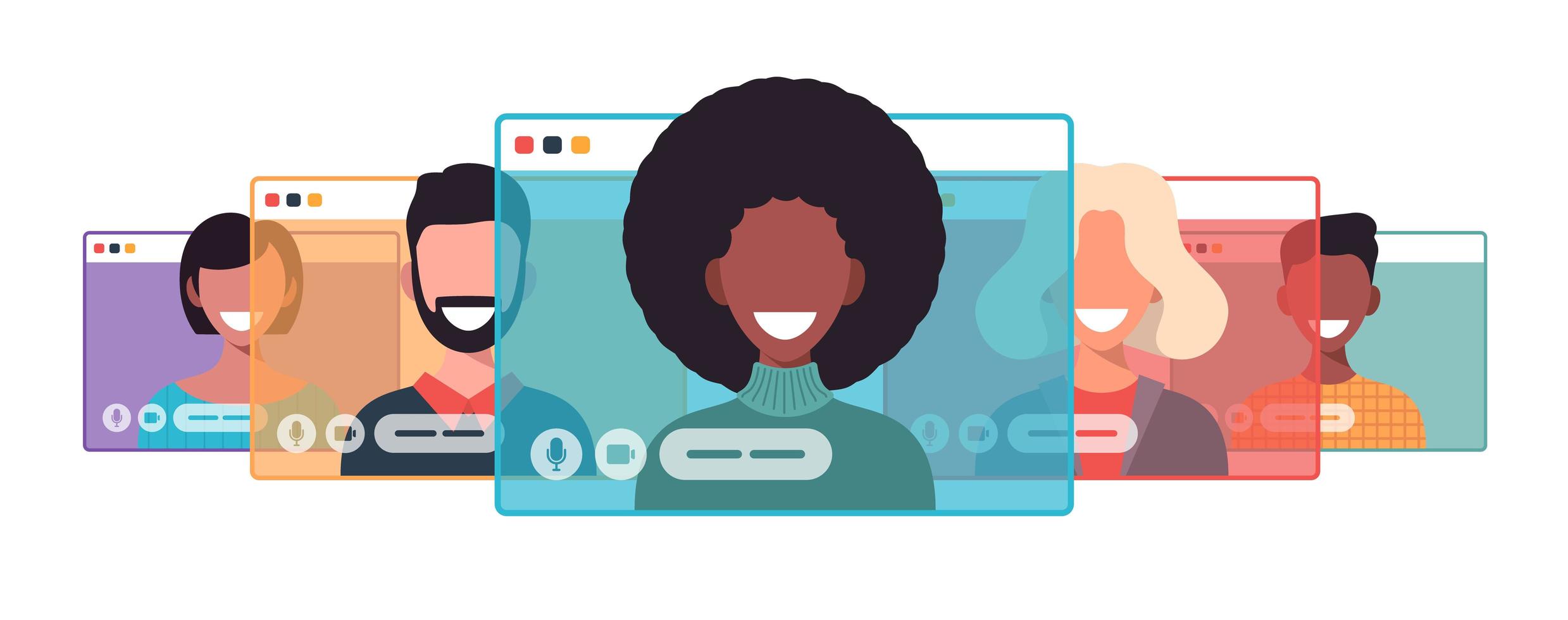 African businesswoman chatting during video call business woman with chat bubble speech in computer window communication online conference concept portrait horizontal cartoon flat vector illustration