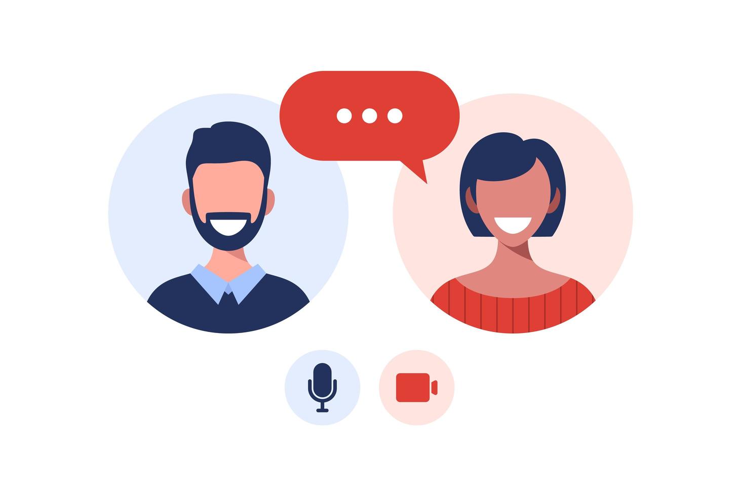 Illustration of two happy people talking via video call. Smiling men and women work and communicate remotely. Team meeting vector illustration in flat design