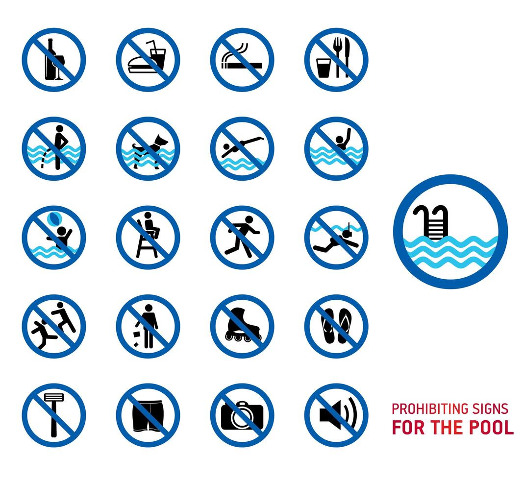 Swimming pool rules icon set vector