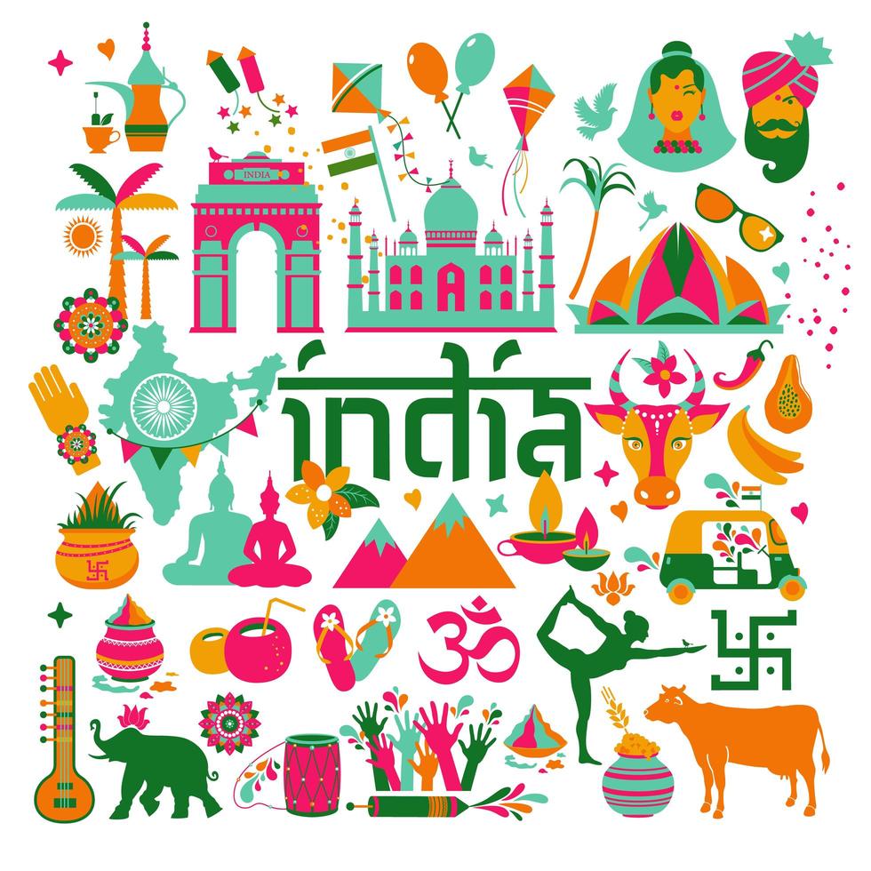 India traditional icon set vector