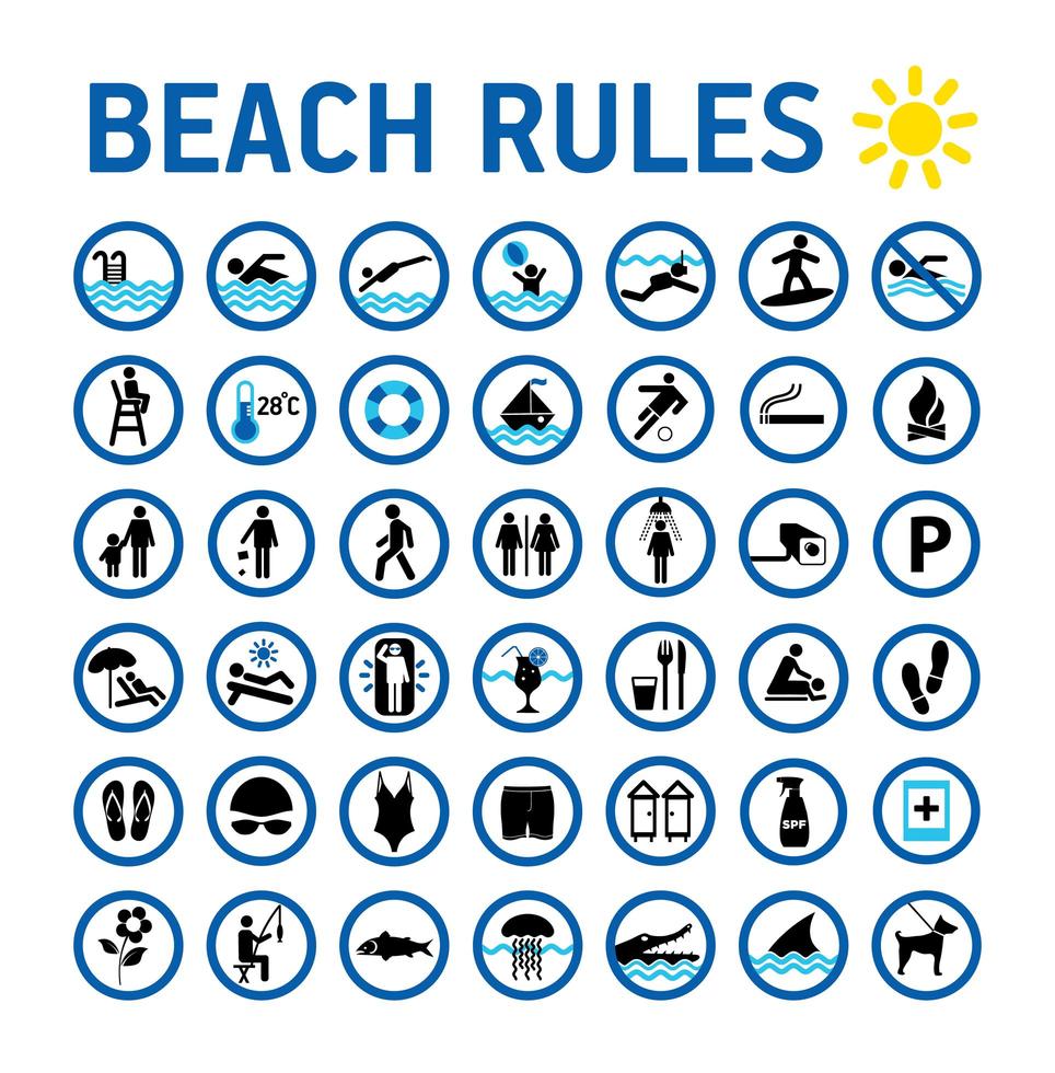 Beach rules icons set and signs on white vector