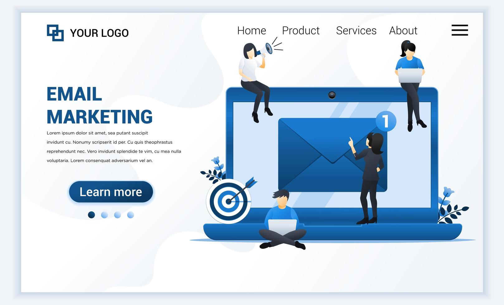 Landing page template of Email marketing, mailing services with people work on laptop. Modern flat web page design concept for website and mobile website. Vector illustration