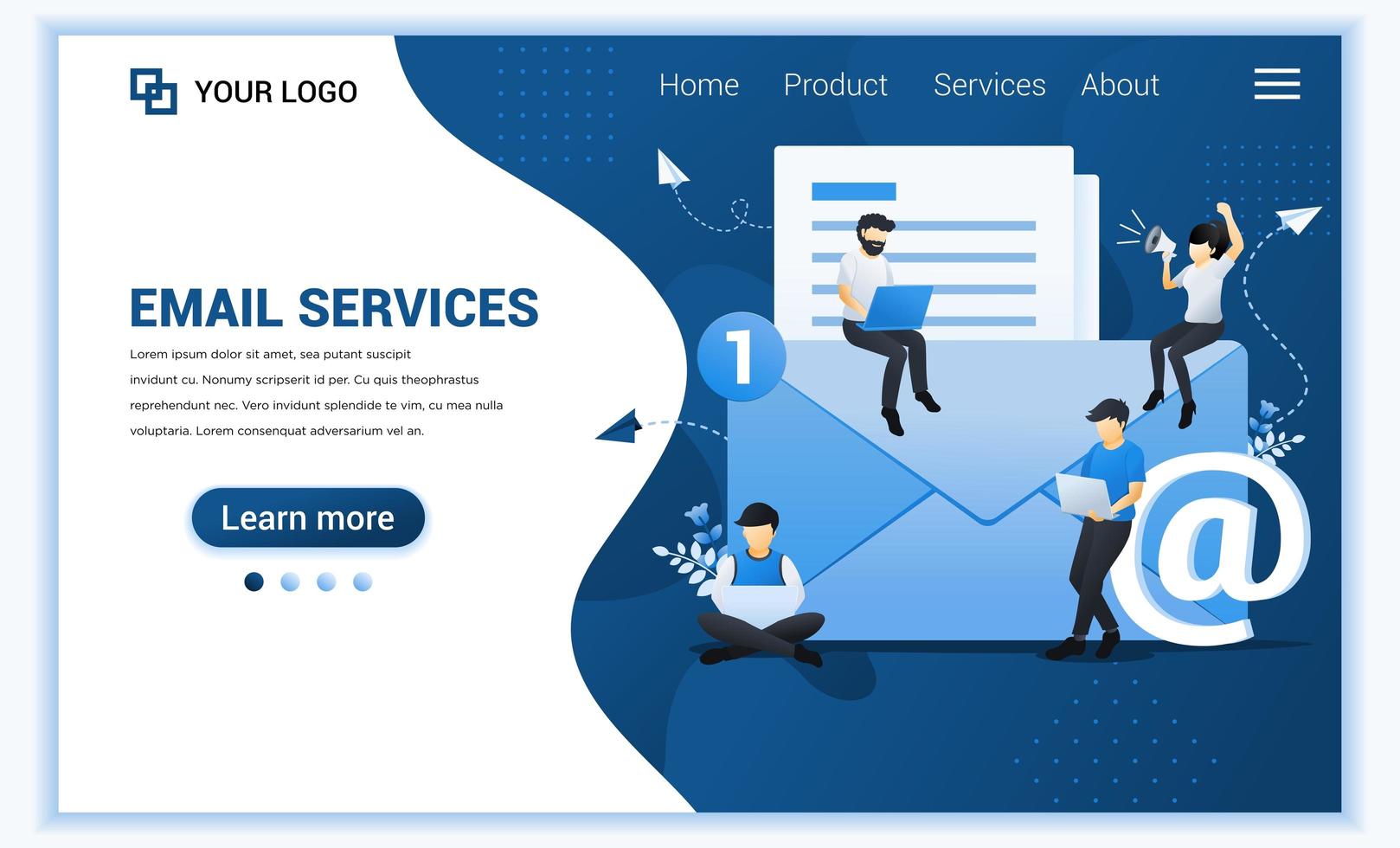 Landing page template of Email marketing, mailing services with characters. Modern flat web page design concept for website and mobile website. Vector illustration