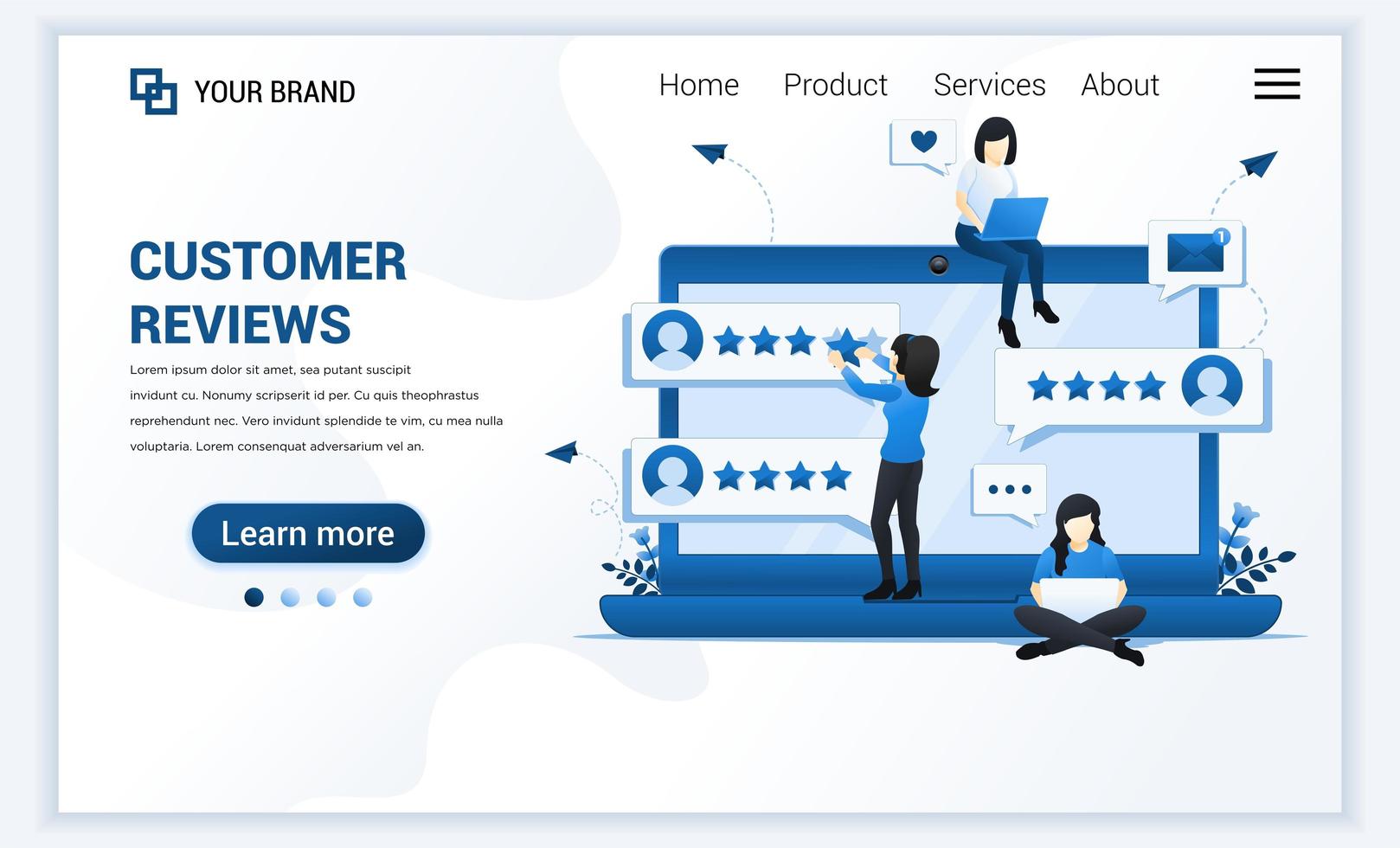 Customer reviews concept, A woman giving stars rating, feedback, satisfaction, and evaluation. Modern flat landing page template design for website and mobile website. Vector illustration