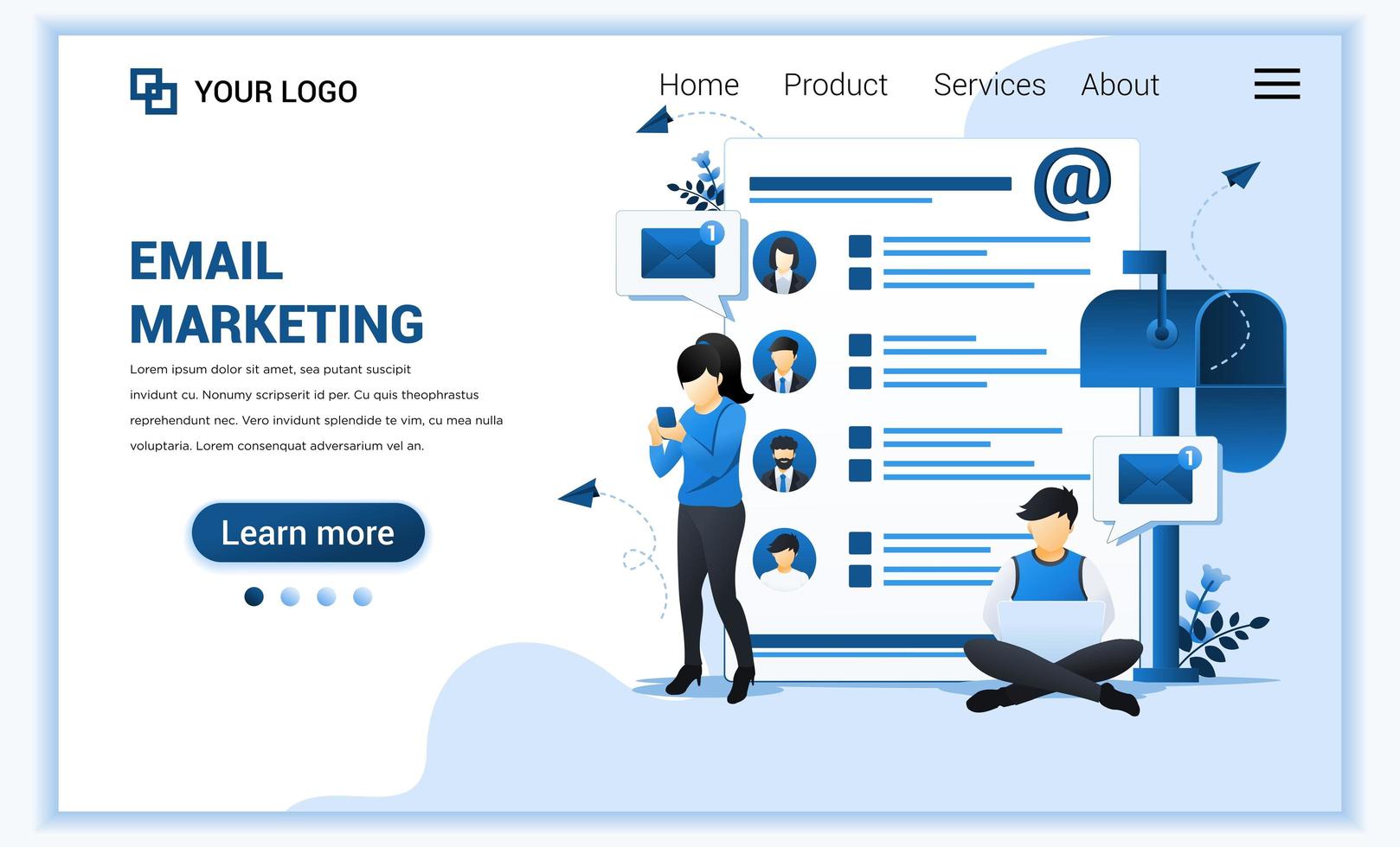 Landing page template of Email marketing, mailing services with characters. Modern flat web page design concept for website and mobile website. Vector illustration