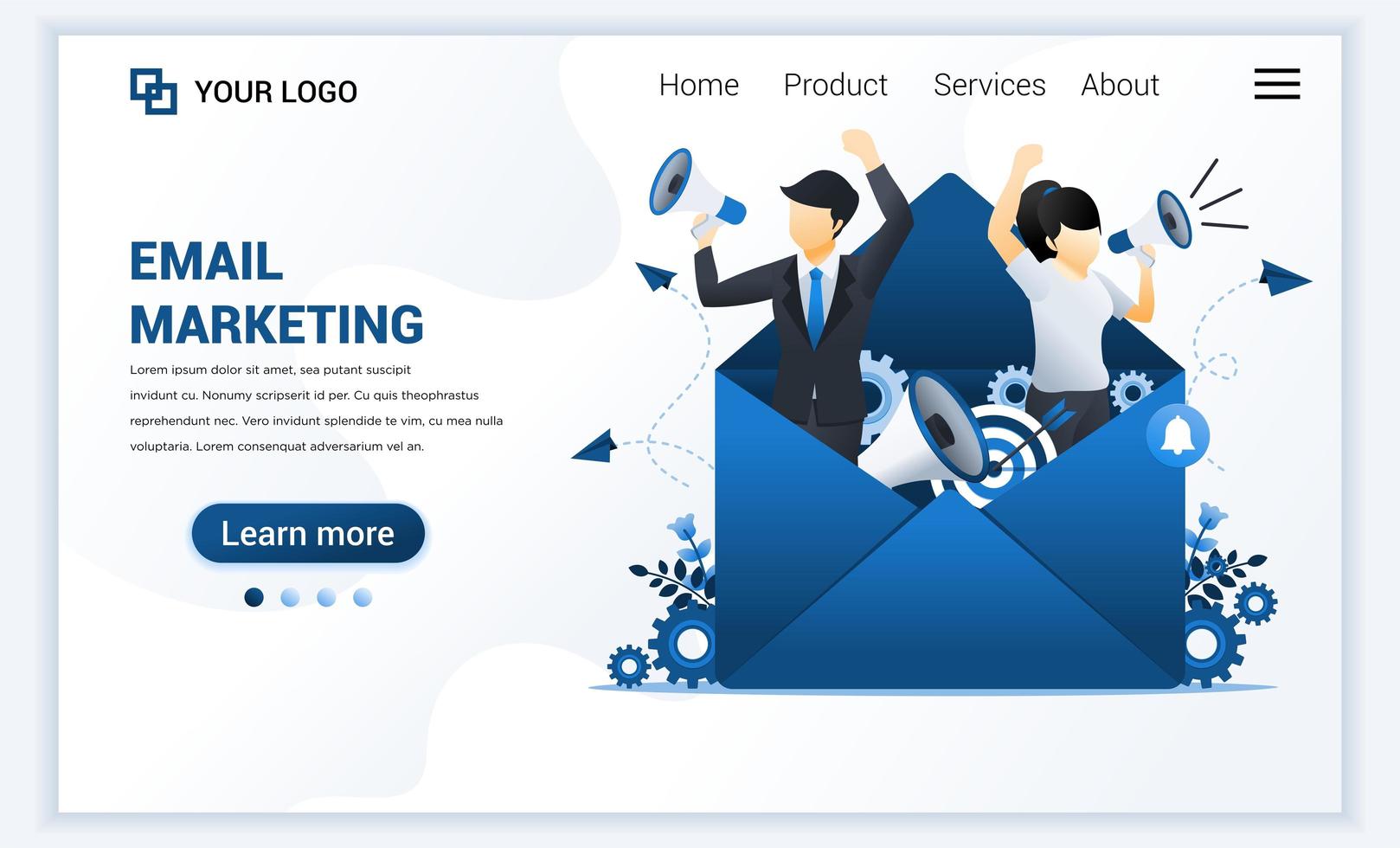 Landing page template of Email marketing services with businessman shout on megaphone for promotion. Modern flat web page design concept for website and mobile website. Vector illustration