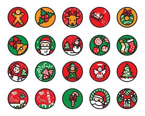 línea de color de icono redondo de navidad y conjunto de estilo plano vector