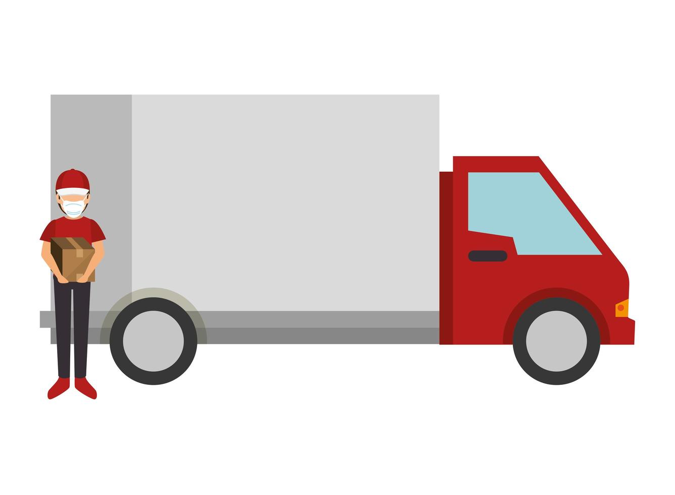 Delivery worker with face mask and packages and truck transportation vector