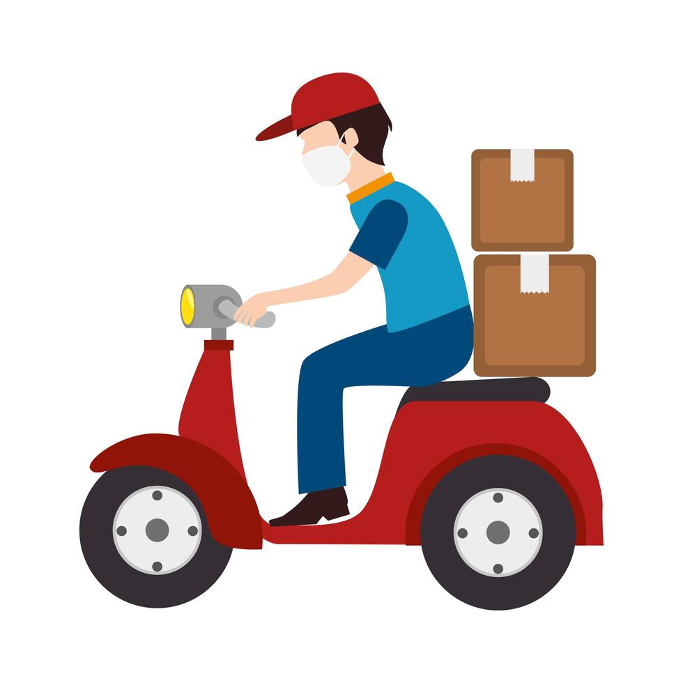 Motorcycle courier with face mask vector