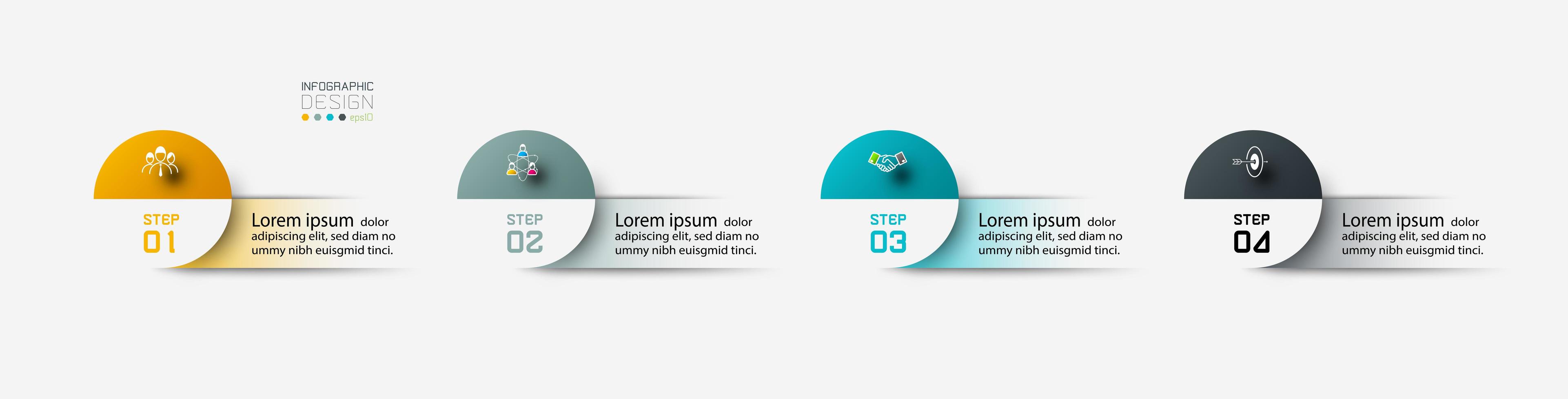 Modern circles combined with square labels 4 steps to help present your work and explain the work by vector infographic.