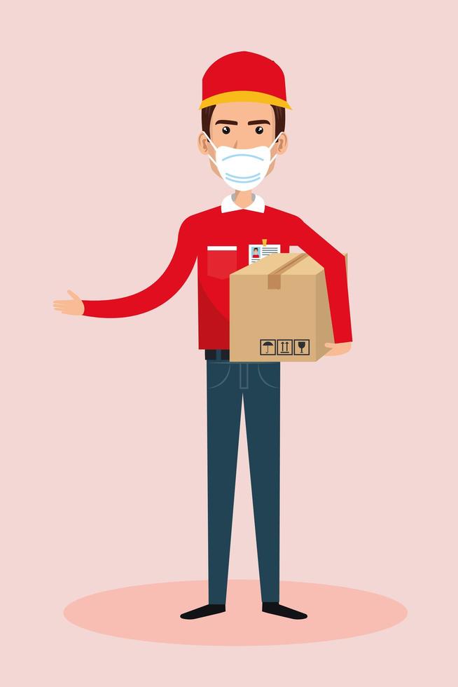 delivery worker with face mask holding a package vector