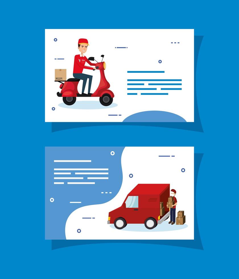 Delivery workers and logistics icons card set vector