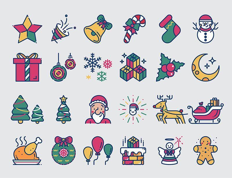 Christmas colored line icons set. vector