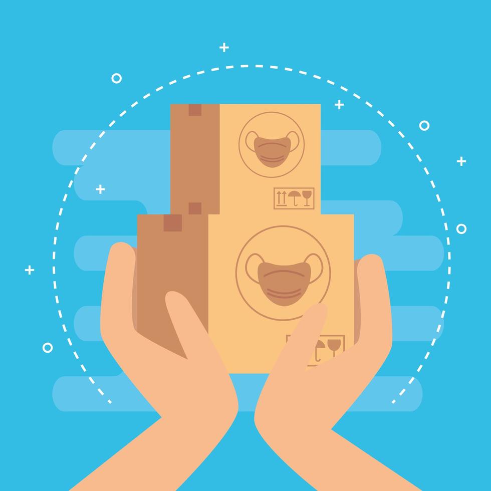 hands holding boxes of face masks vector