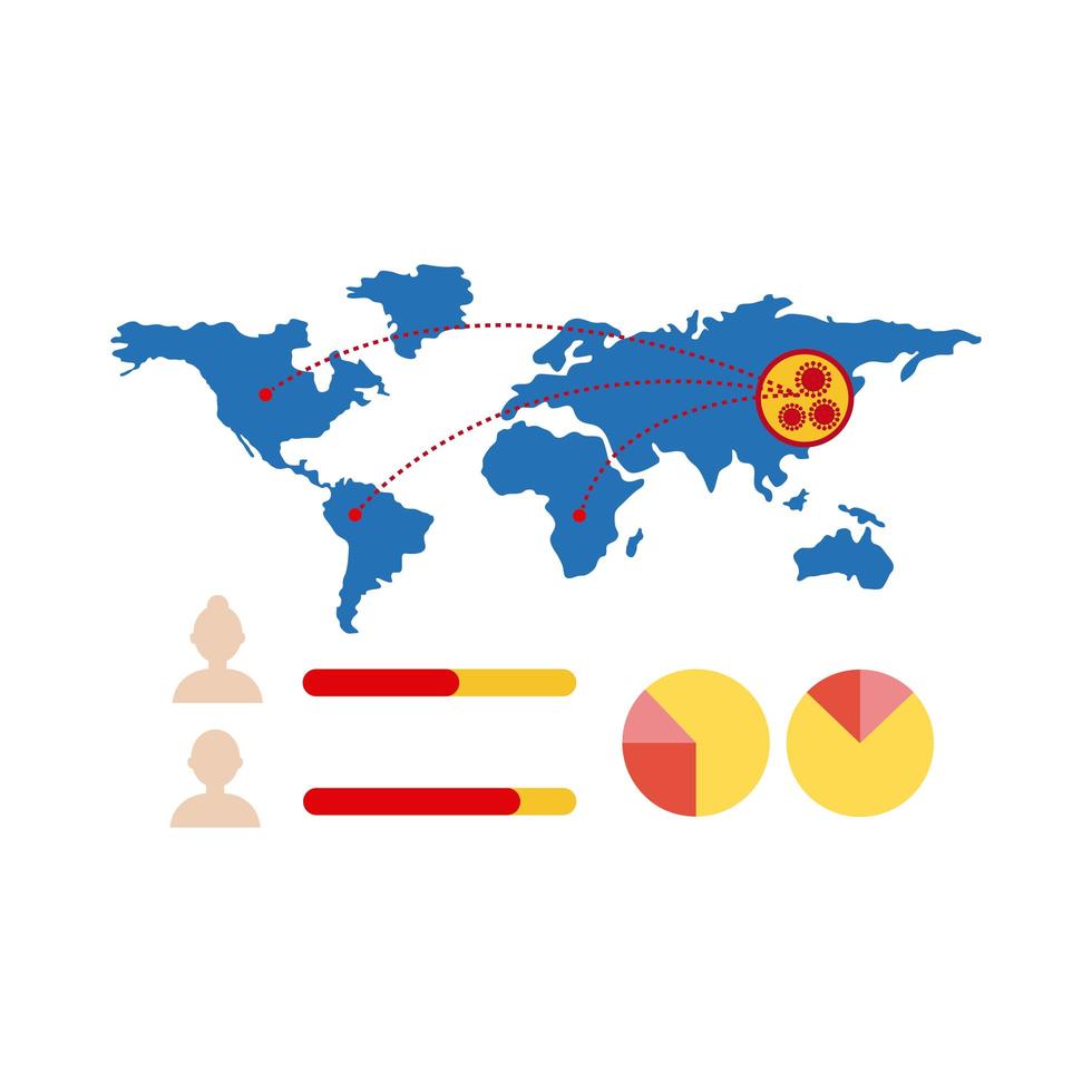 world map with covid-19 information and icons, flat style icon vector