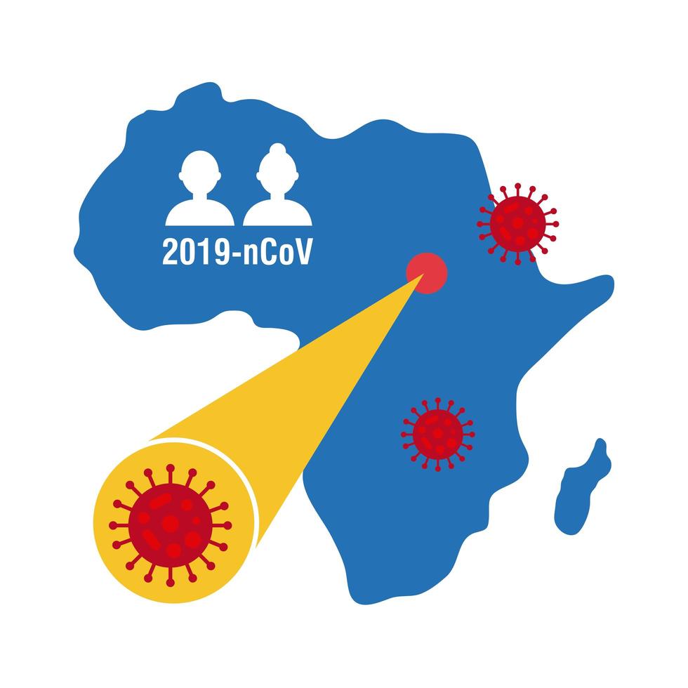 Mapa de África con información e iconos de covid-19, icono de estilo plano vector