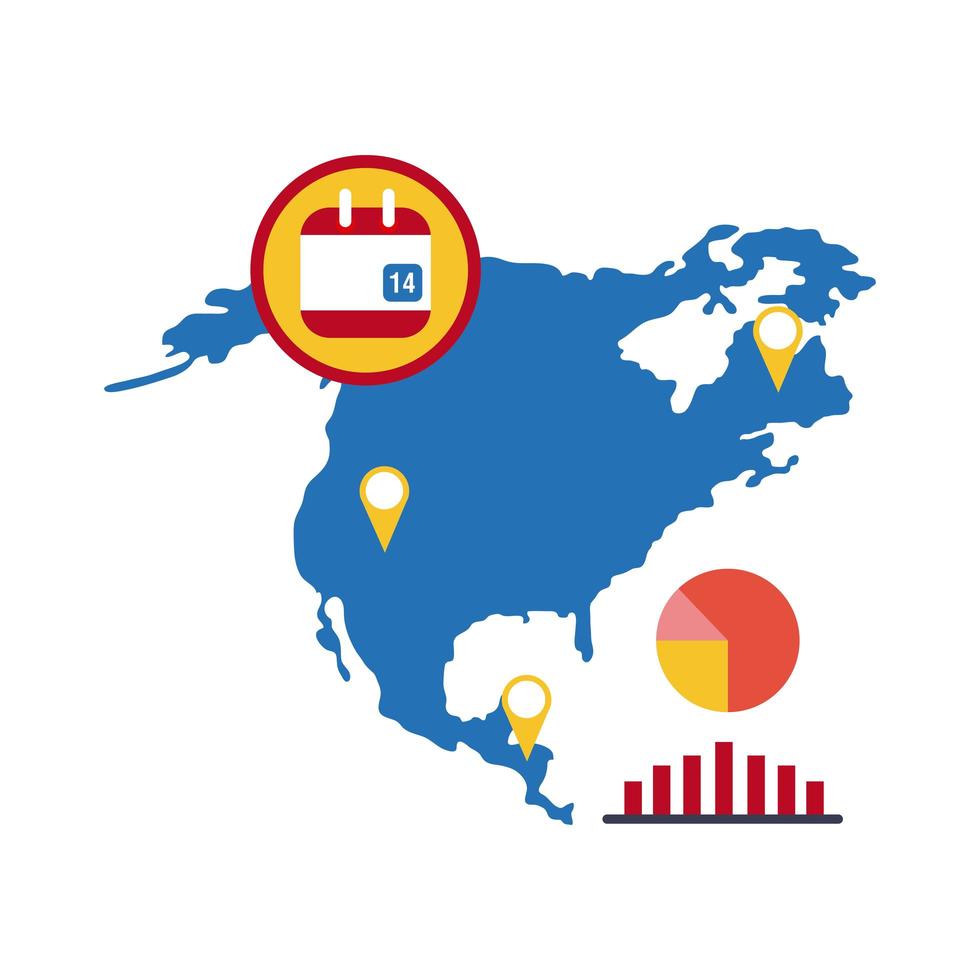 map of North America with covid-19 information and icons, flat style icon vector