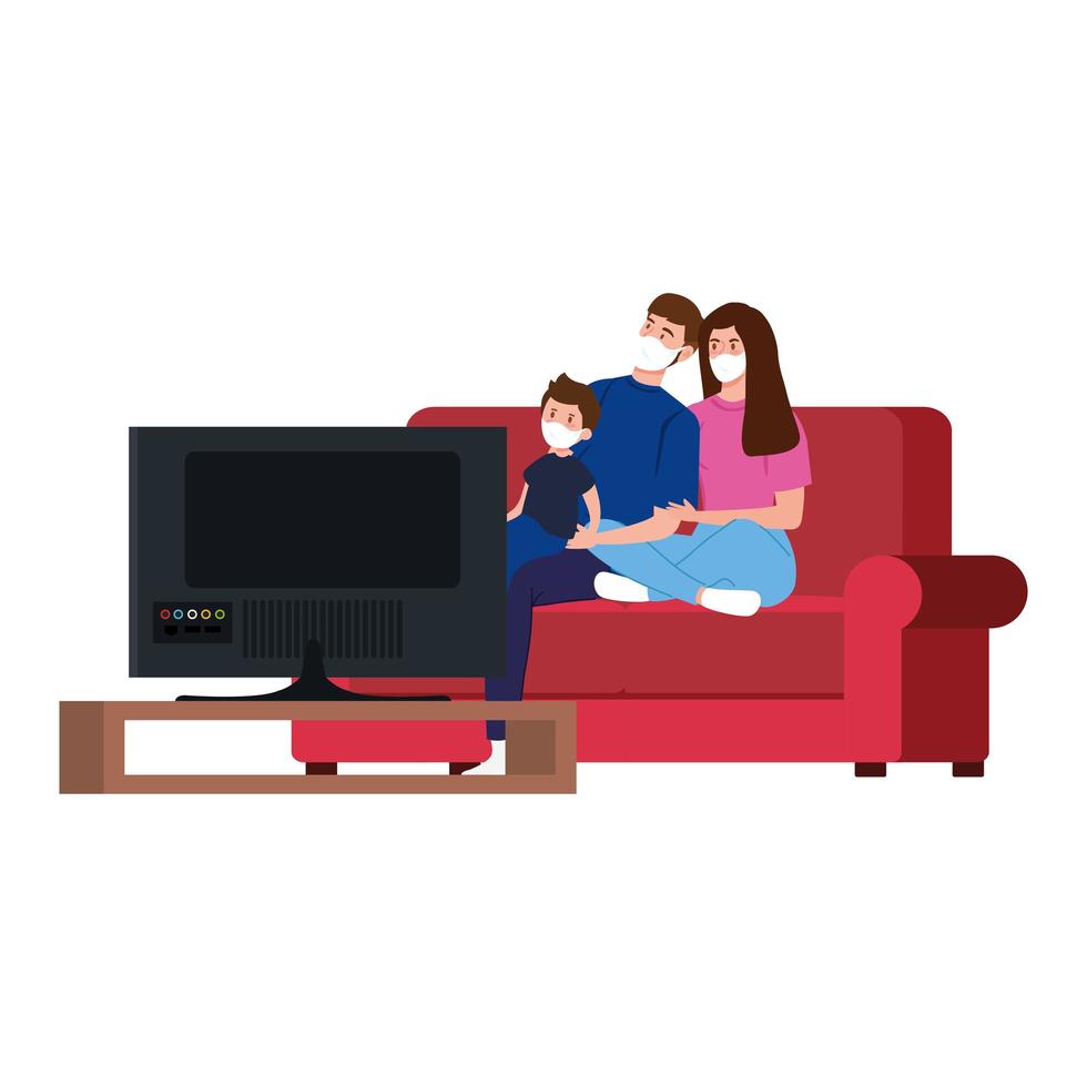 Campaña de quedarse en casa con la familia viendo la televisión. vector