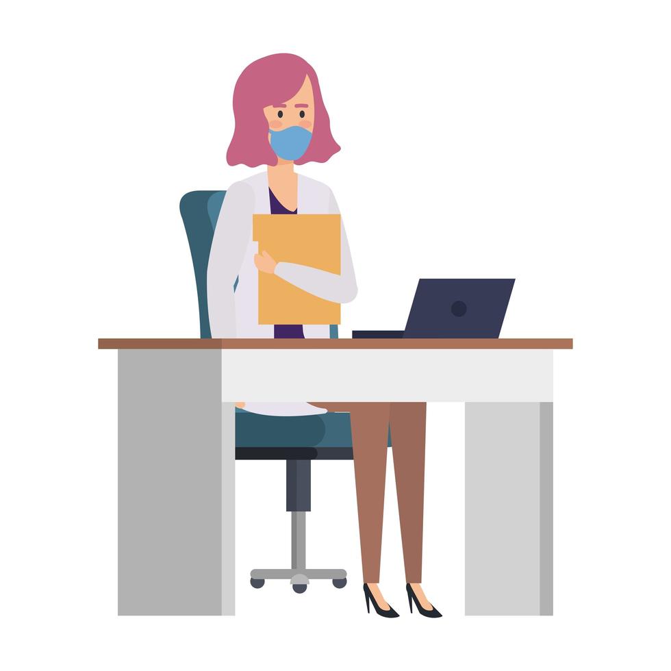Female doctor on the desk wearing a face mask vector