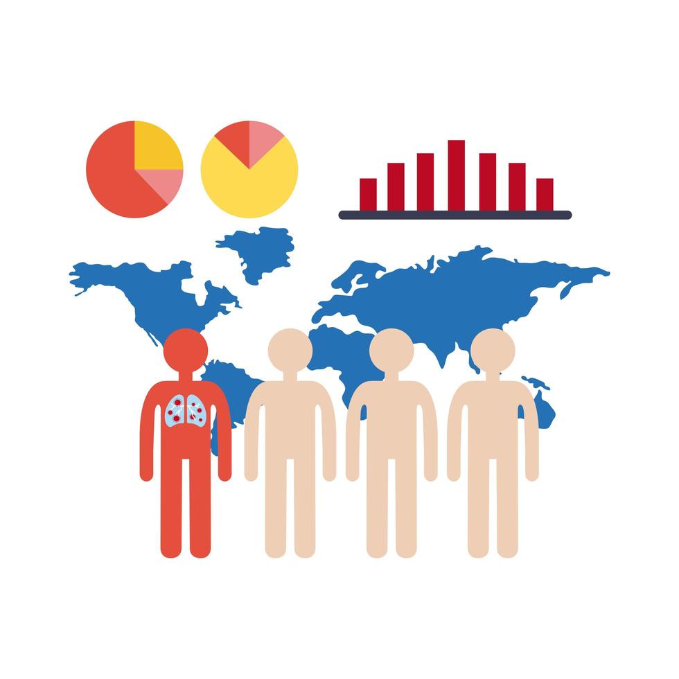 Mapa mundial con información e iconos de covid-19, icono de estilo plano vector