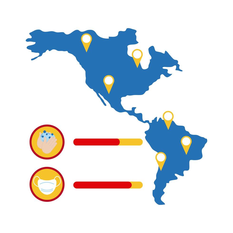 map of the American continent with covid-19 information and icons, flat style icon vector