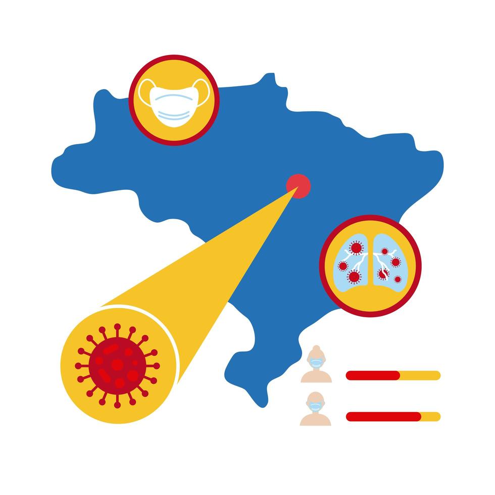 map of Brazil with covid-19 information and icons, flat style icon vector