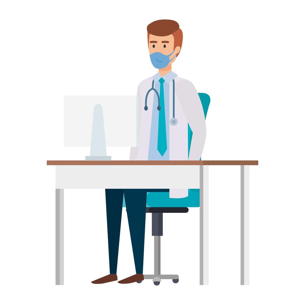 Male doctor on the desk wearing a face mask vector