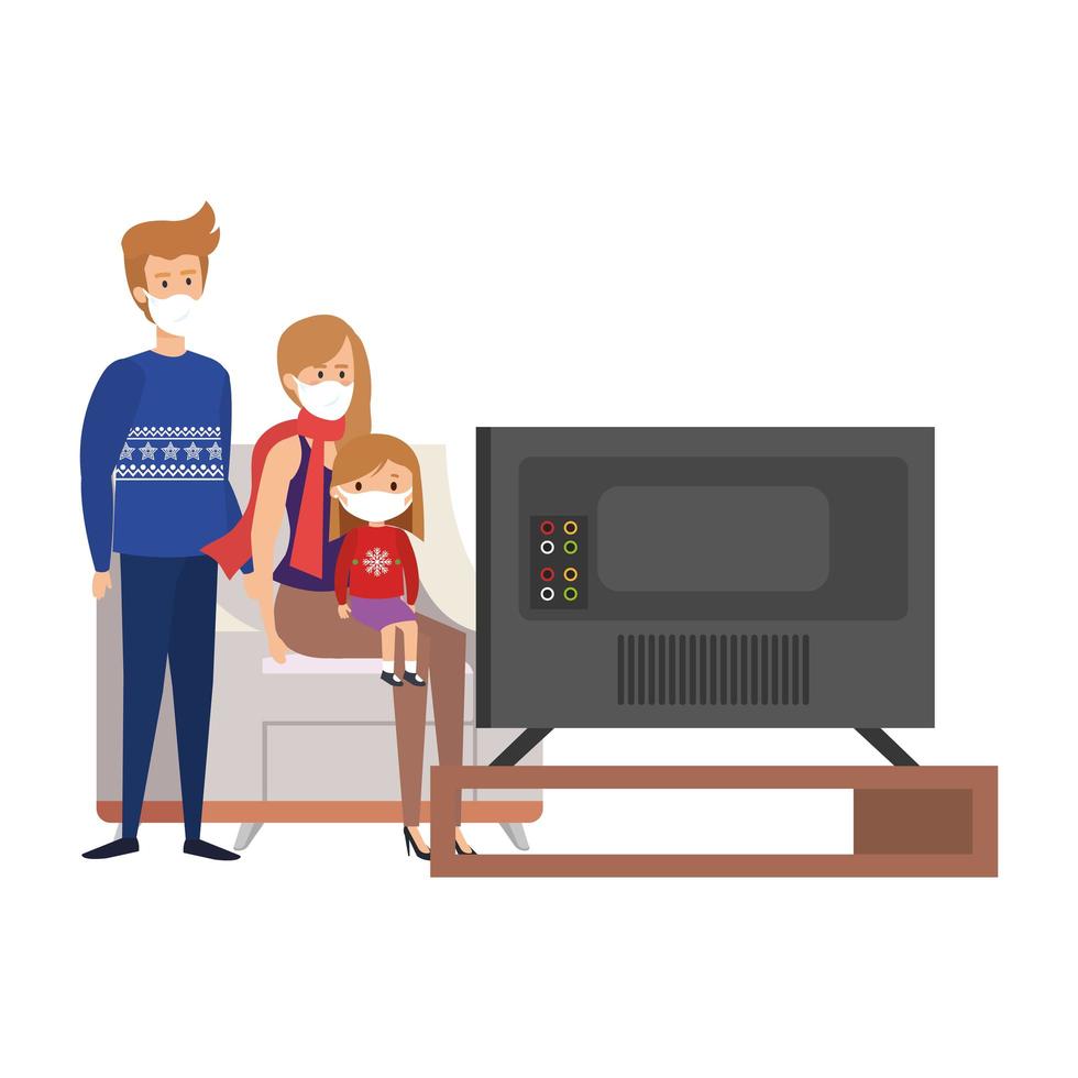 Campaña de quedarse en casa con la familia viendo la televisión. vector