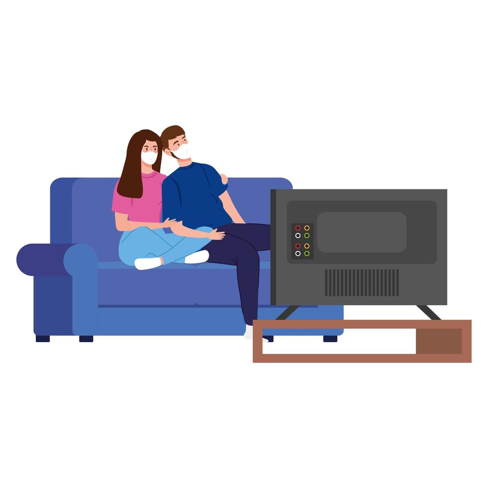 stay at home campaign with couple watching TV vector