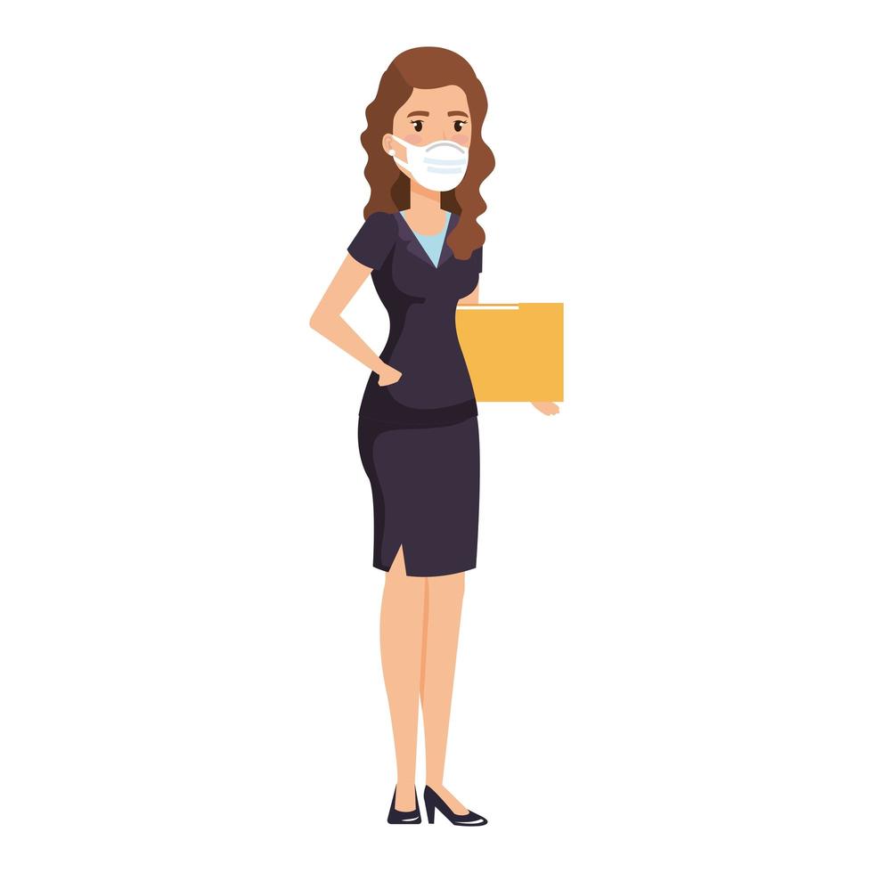 businesswoman with folder and face mask isolated icon vector